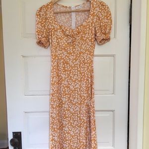 Yellow Floral Midi Puff Sleeved Dress